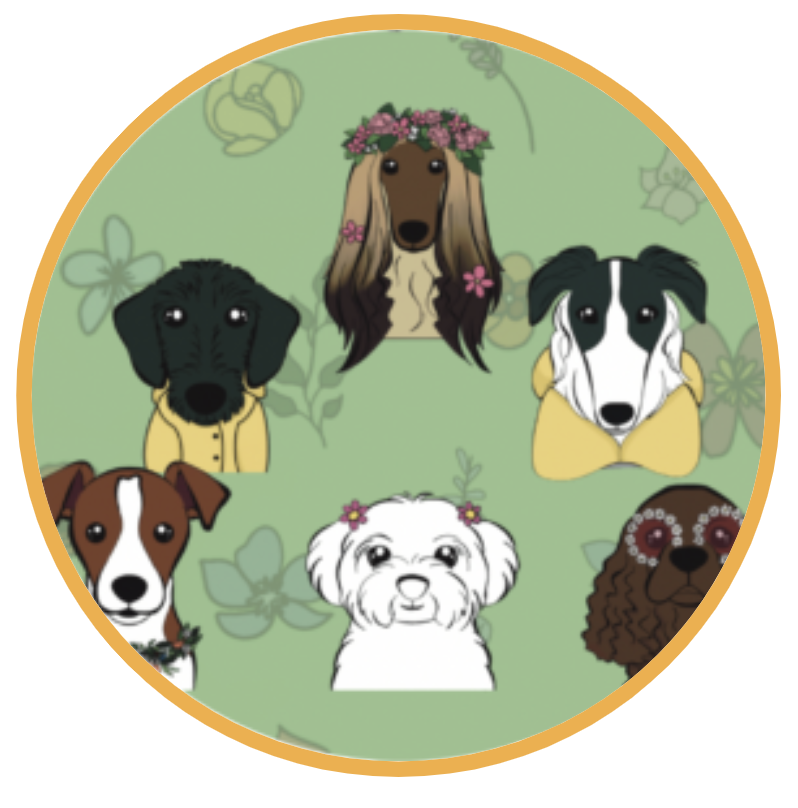 Illustrations of six different dogs